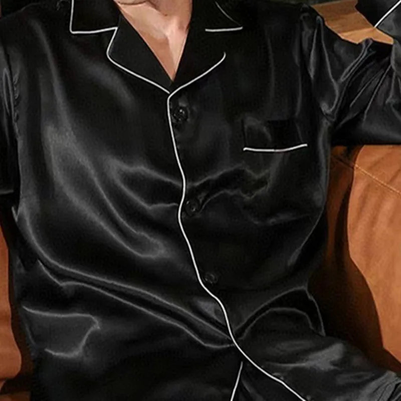 Couple Simulation Silk Pajamas Set of 2 Sets of Men Turned Long-Sleeved Long Pants Spring and Summer Home Wear Ladies Homewear