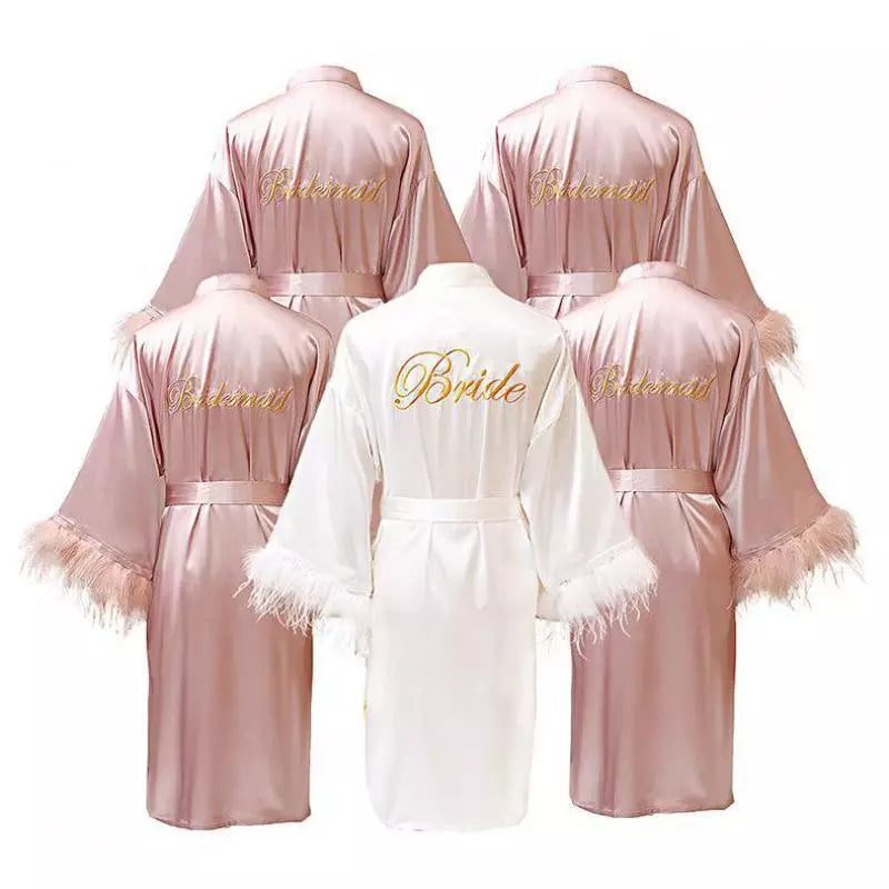 2024 New Women FEATHER Bride Bridesmaid Wedding Robe Satin Kimono Bathrobe Gown Nightwear Embroidery Letter Nightgown Lingerie