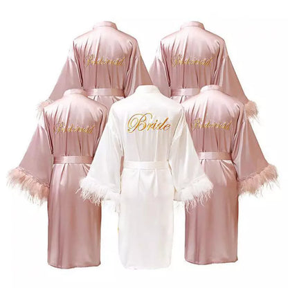 2024 New Women FEATHER Bride Bridesmaid Wedding Robe Satin Kimono Bathrobe Gown Nightwear Embroidery Letter Nightgown Lingerie