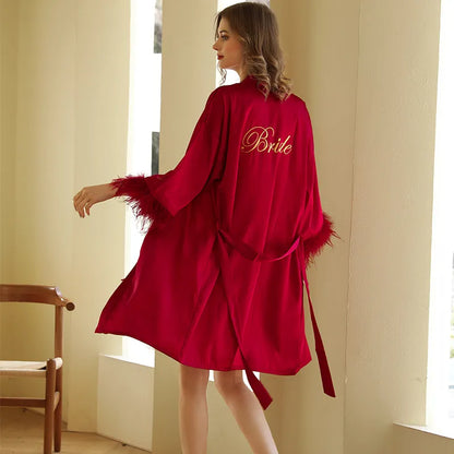 2024 New Women FEATHER Bride Bridesmaid Wedding Robe Satin Kimono Bathrobe Gown Nightwear Embroidery Letter Nightgown Lingerie