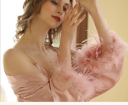 2024 New Women FEATHER Bride Bridesmaid Wedding Robe Satin Kimono Bathrobe Gown Nightwear Embroidery Letter Nightgown Lingerie