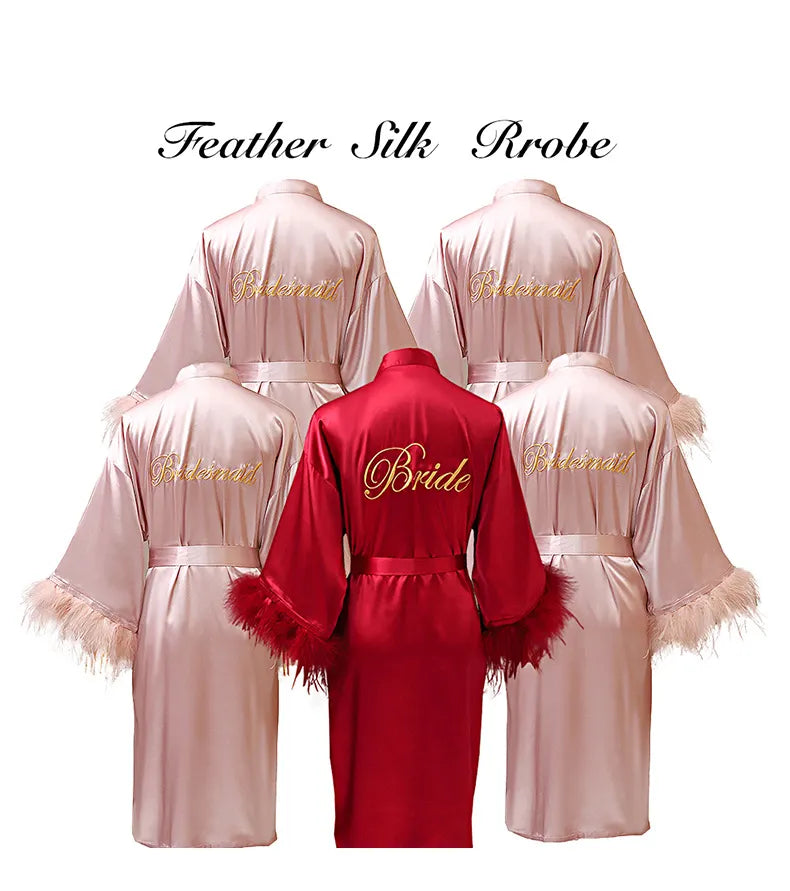 2024 New Women FEATHER Bride Bridesmaid Wedding Robe Satin Kimono Bathrobe Gown Nightwear Embroidery Letter Nightgown Lingerie